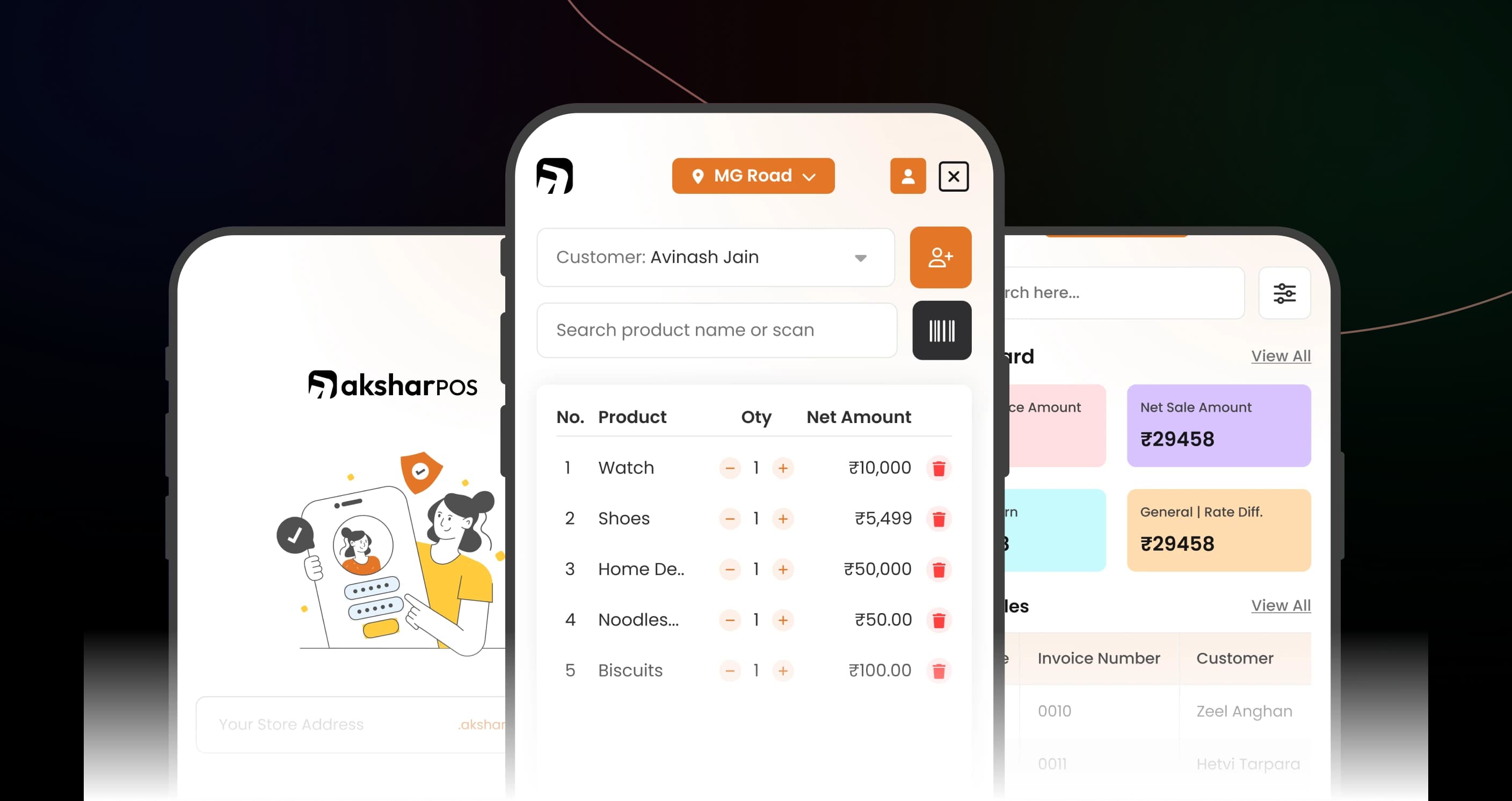 AksharPOS billing, cart, and sales dashboard screens