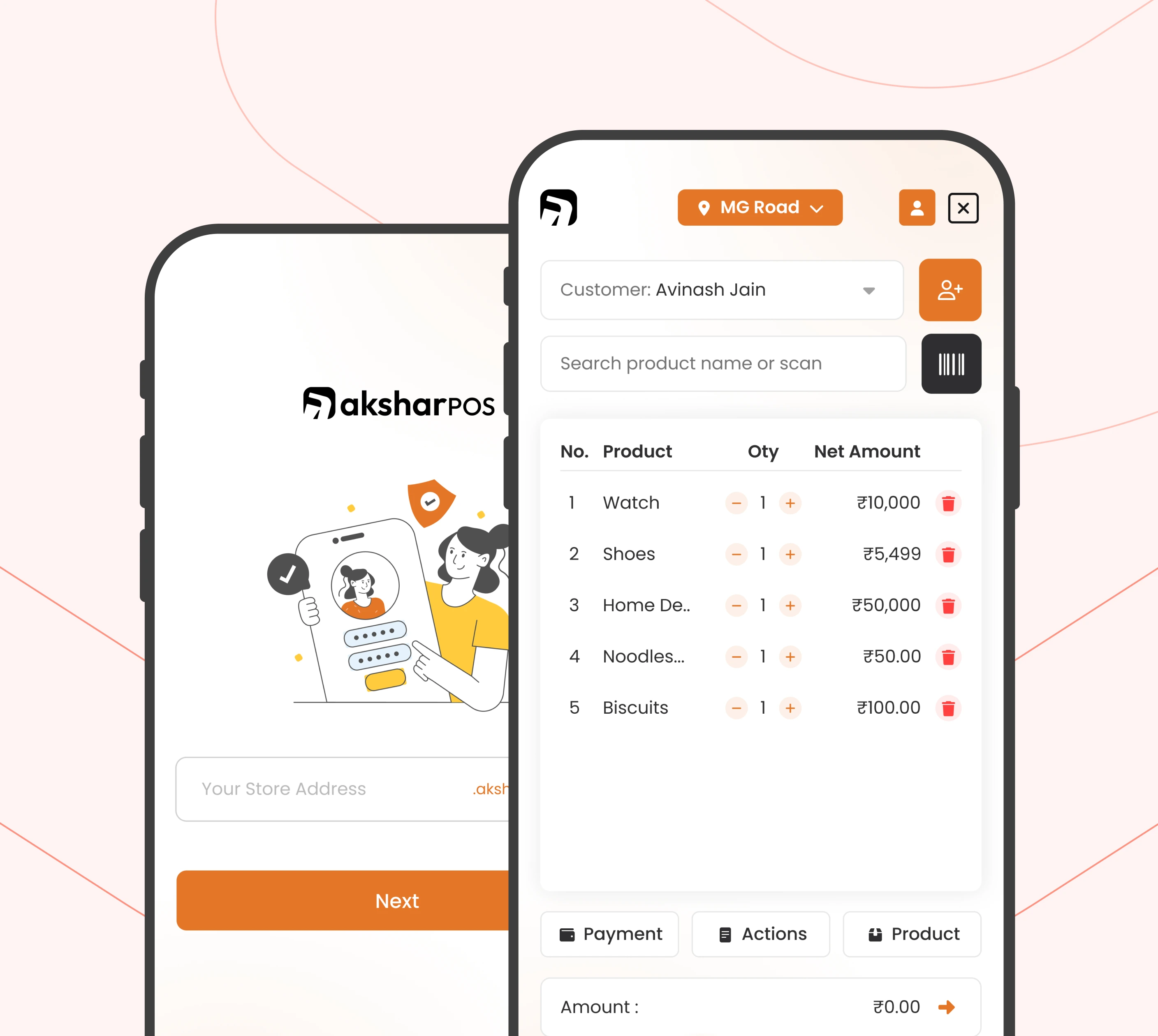 AksharPOS app showing store sign-in and a billing screen with a customer cart