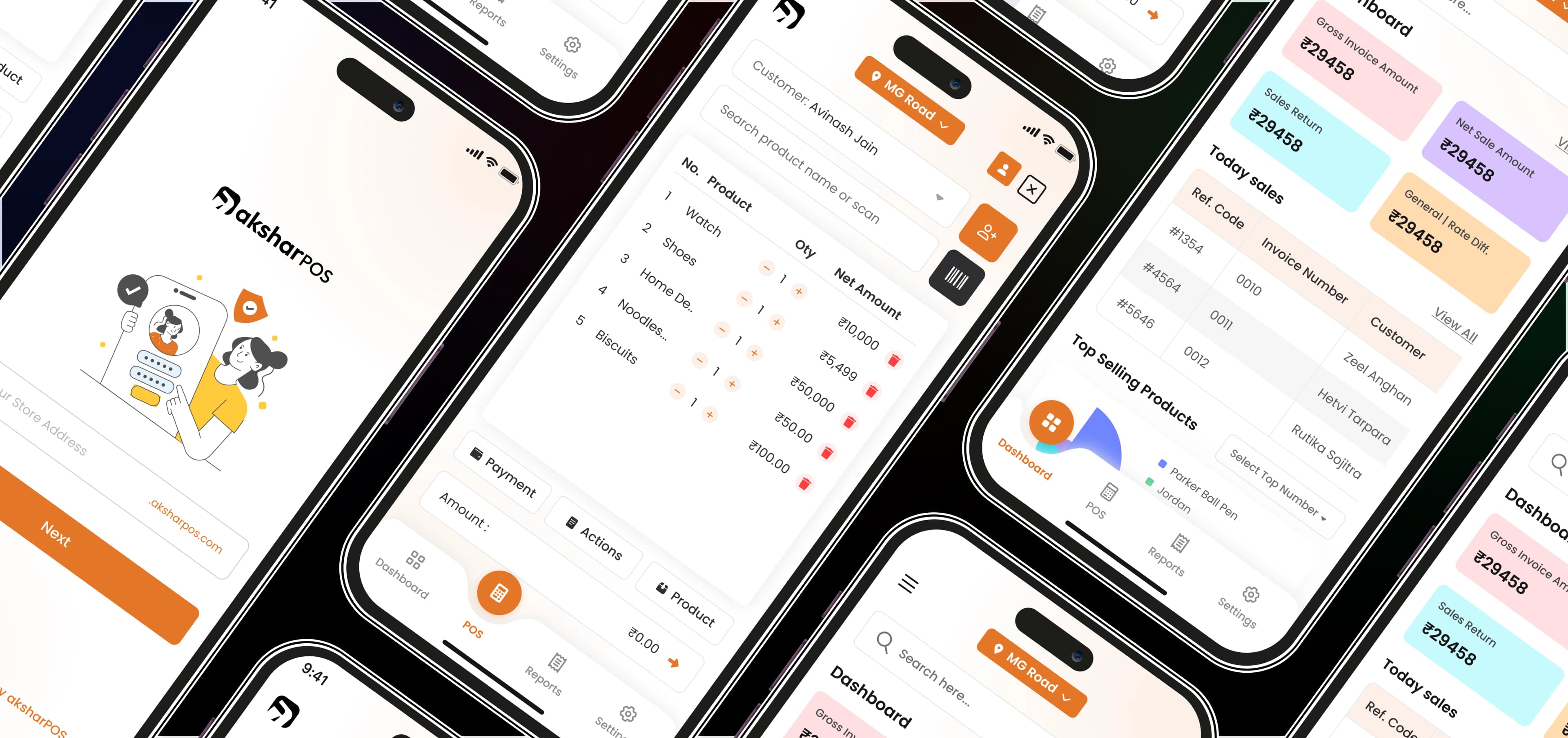 AksharPOS screens: sign-in, billing cart, sales dashboard, and reports
